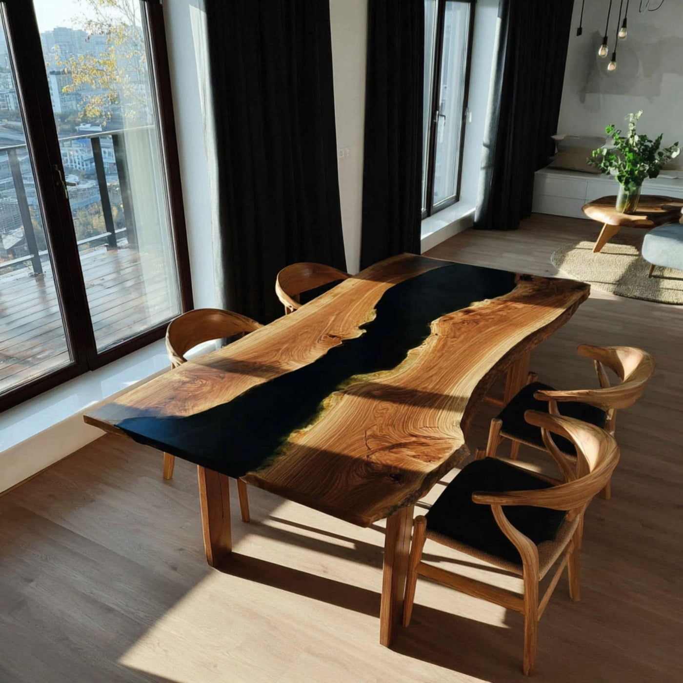 Handmade Live Edge Walnut Epoxy Dining Table, Custom Wood River Table