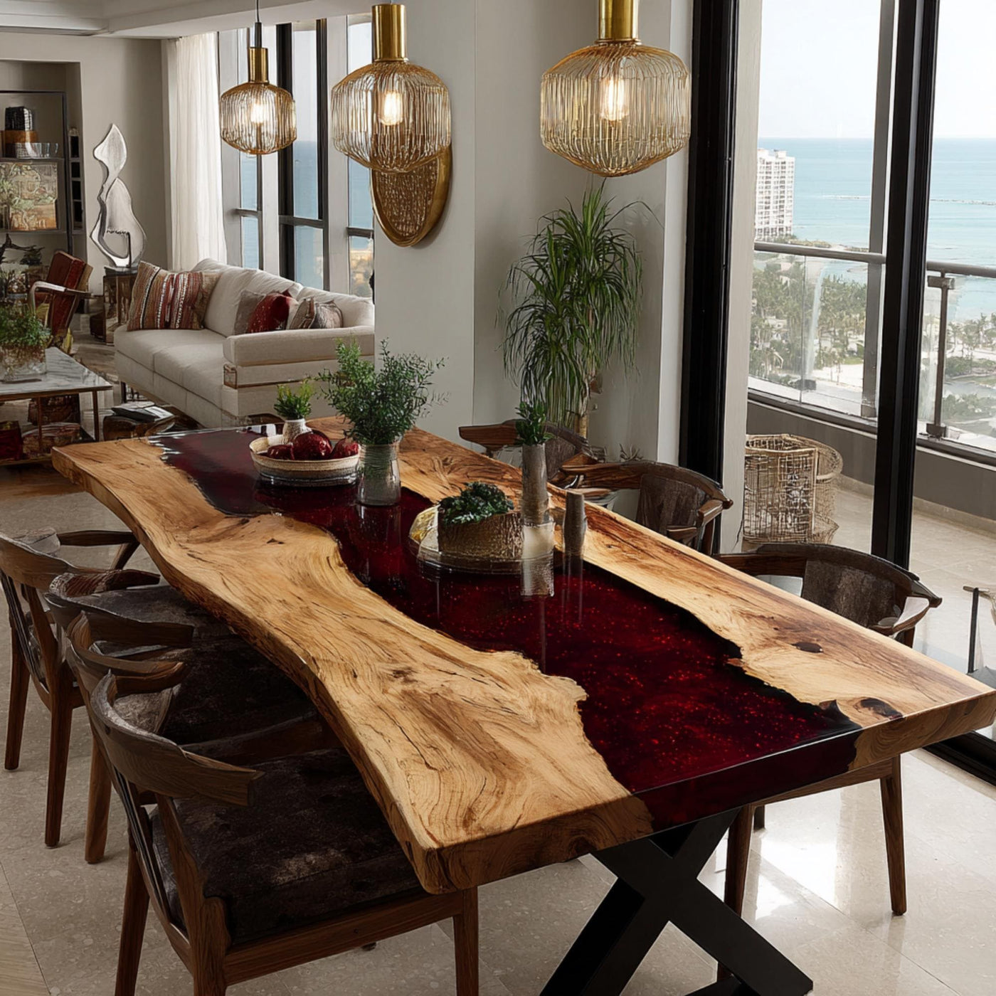 Handmade Live Edge Walnut Epoxy Dining Table, Custom River Table