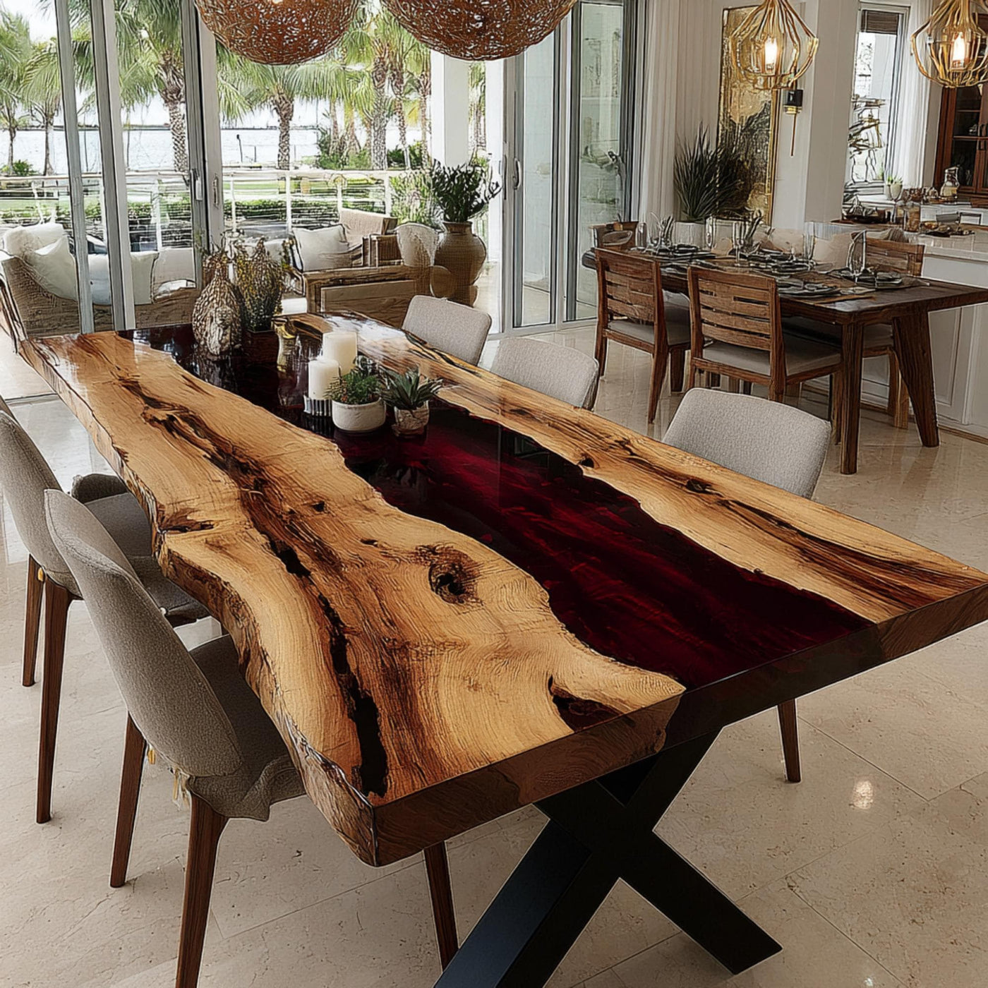 Handmade Live Edge Walnut Epoxy Dining Table, Custom River Table