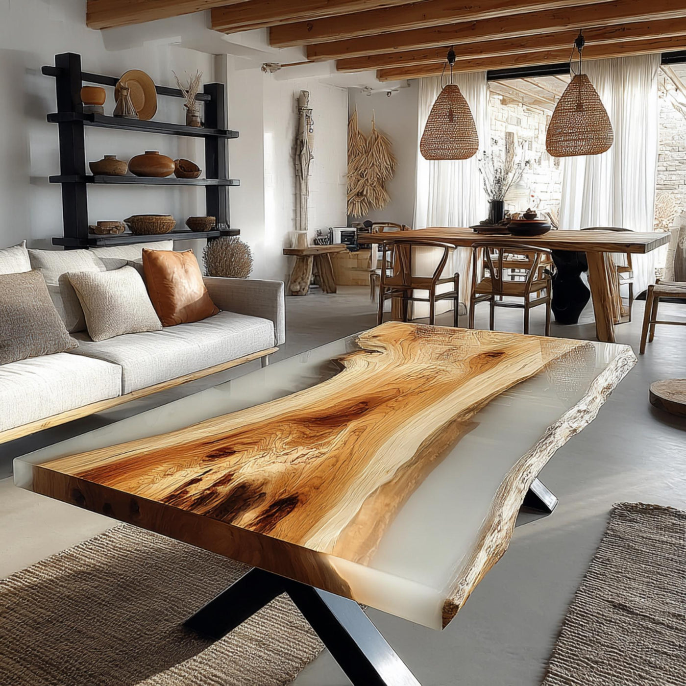 Handmade Walnut Epoxy Coffee Table, Live Edge Rustic Wood