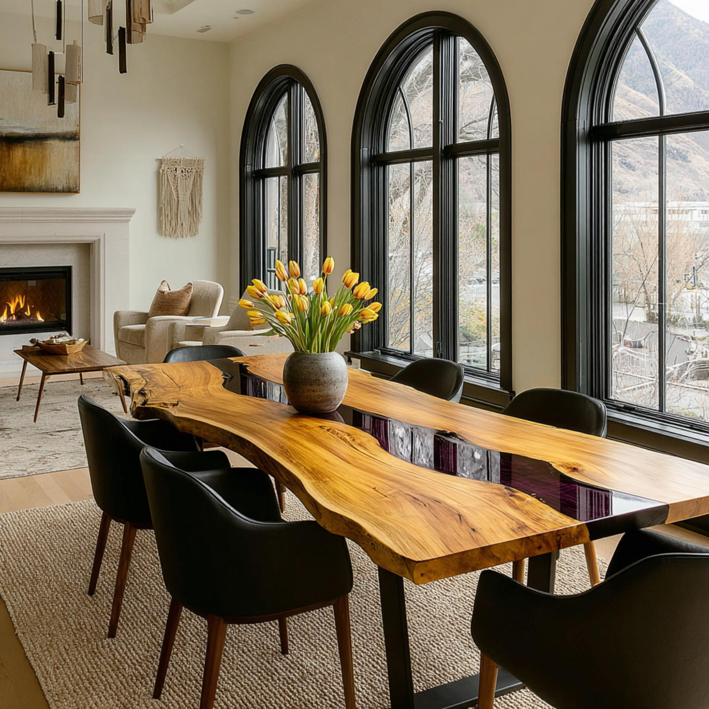 Handmade Walnut Epoxy Dining Table, Live Edge Solid Wood