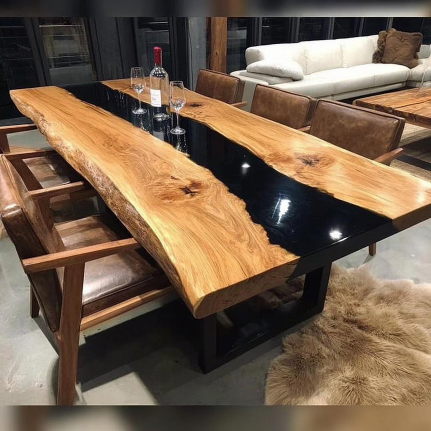 Handmade Live Edge Wood & Black Epoxy Dining Table, Custom Rustic Table