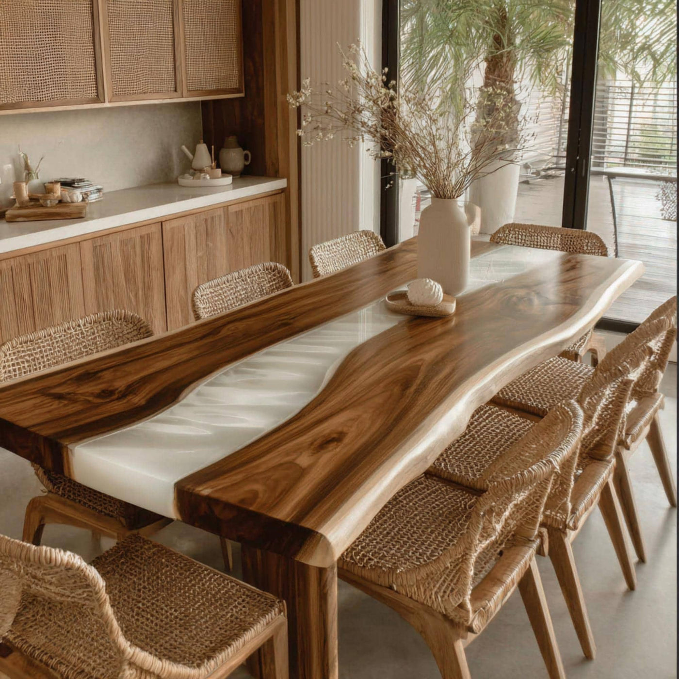 Handmade Live Edge Walnut Epoxy Dining Table, Custom Metal Legs