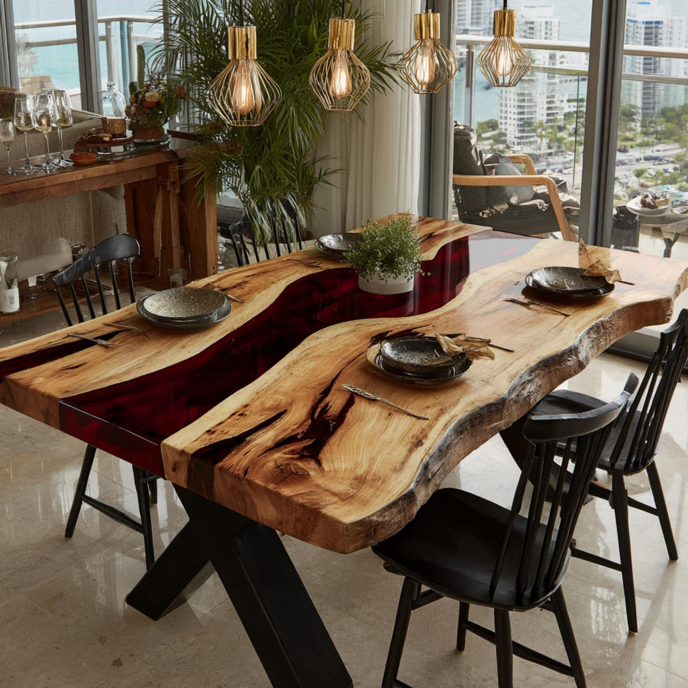 Handmade Live Edge Walnut Epoxy Dining Table, Custom River Table