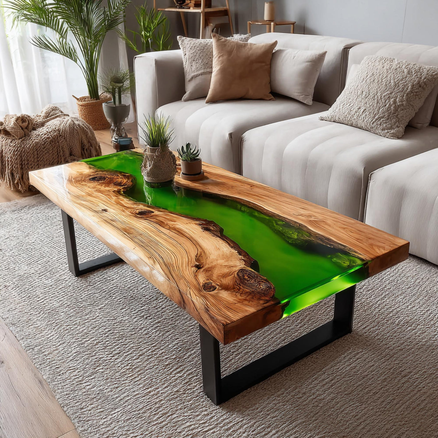 Handmade Walnut Epoxy Coffee Table, Live Edge Wood, Modern Metal Legs