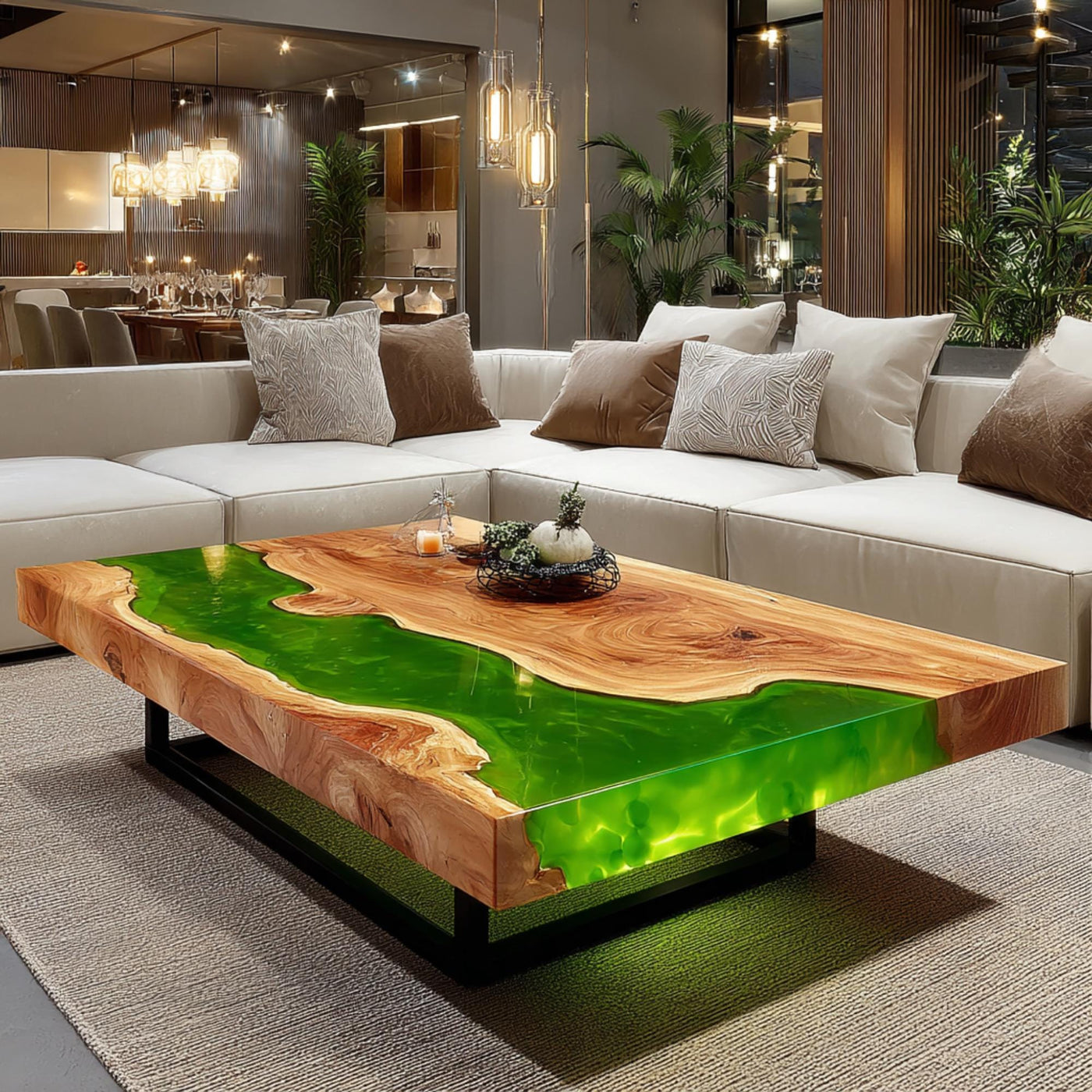 Handmade Walnut Epoxy Coffee Table, Live Edge Wood, Modern Metal Legs