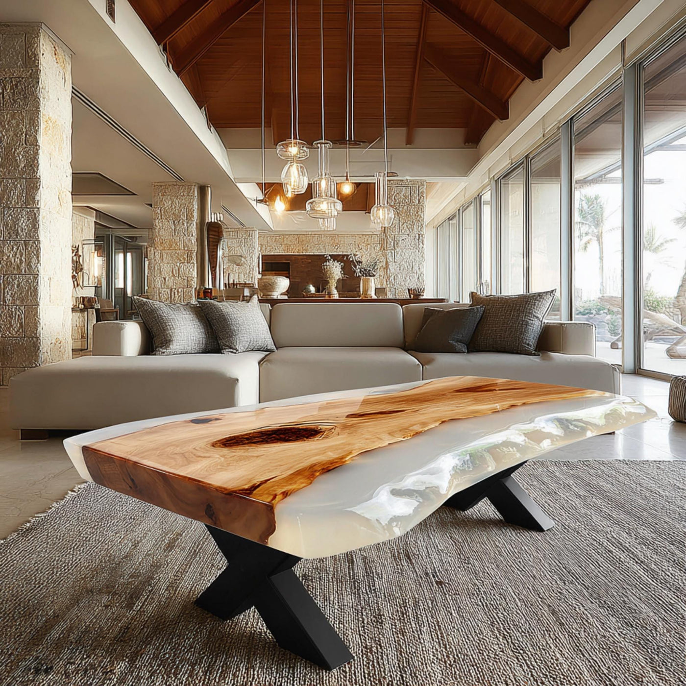 Handmade Walnut Epoxy Coffee Table, Live Edge Rustic Wood