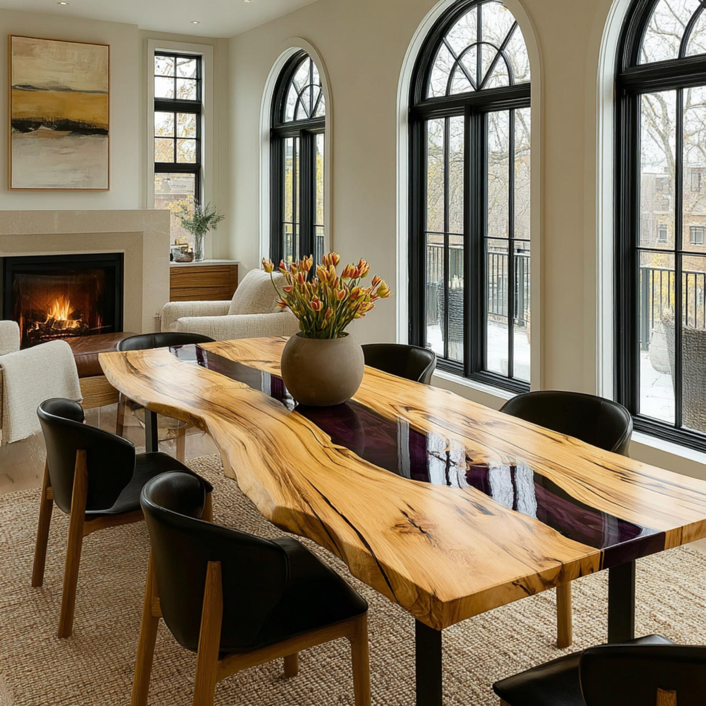 Handmade Walnut Epoxy Dining Table, Live Edge Solid Wood