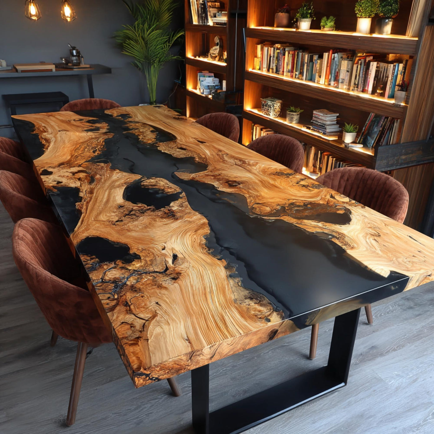 Handmade Walnut Epoxy Resin Dining Table, Live Edge Rustic Wood