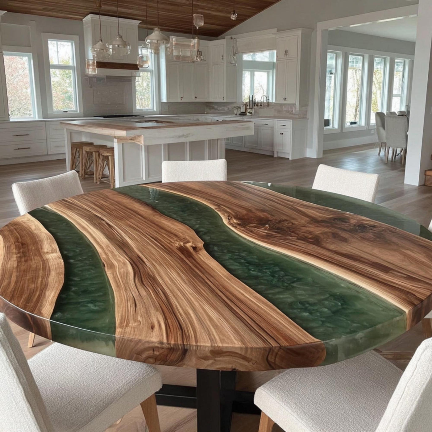 Handmade Walnut Wood Round Dining Table, Epoxy Resin River Table