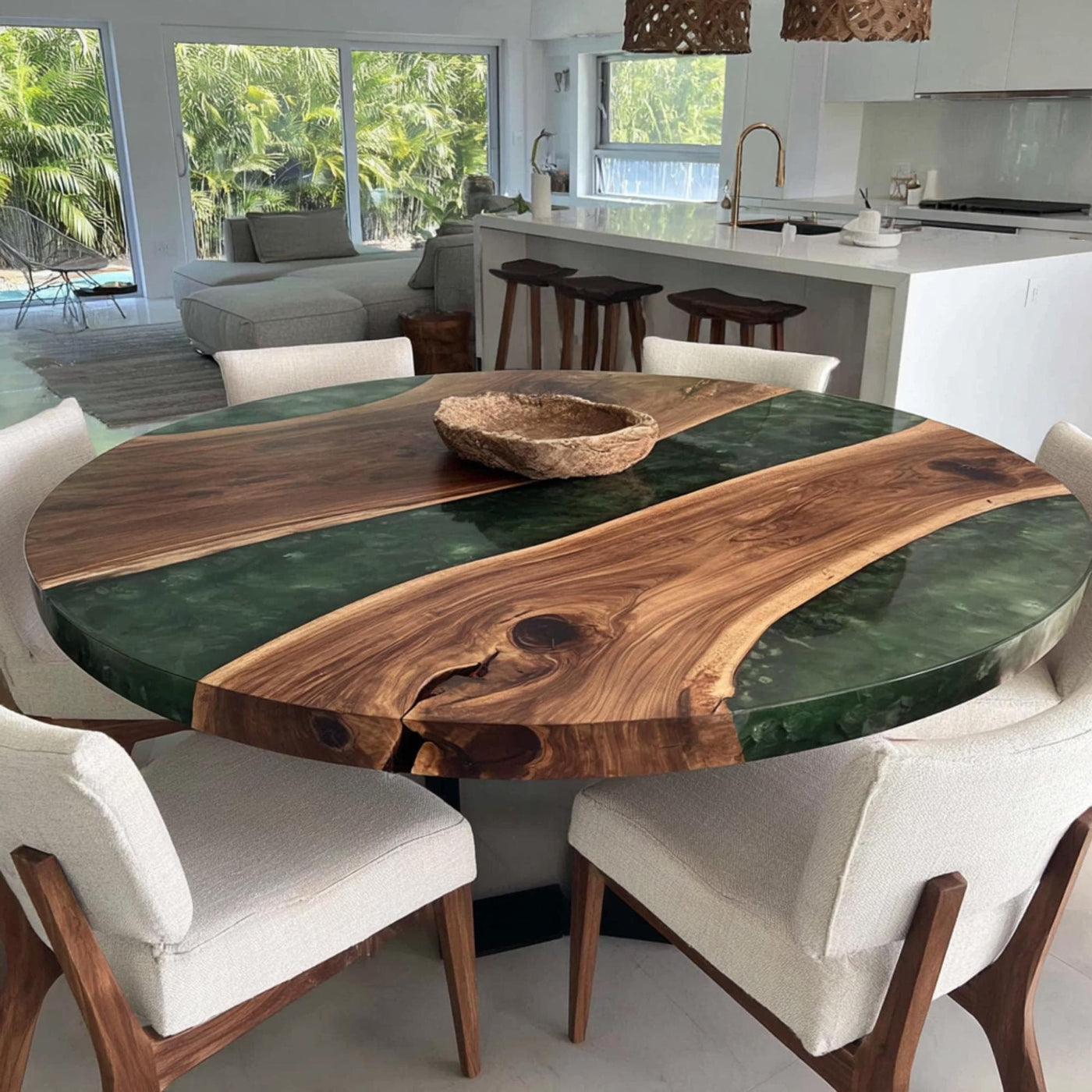Handmade Walnut Wood Round Dining Table, Epoxy Resin River Table