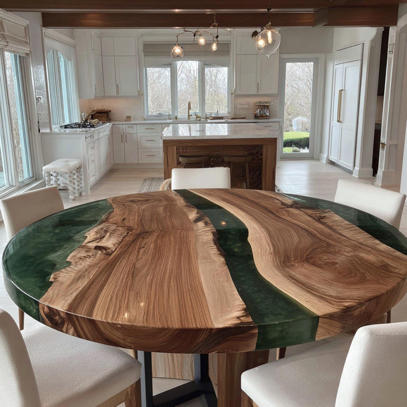 Handmade Walnut Wood Round Dining Table, Epoxy Resin River Table