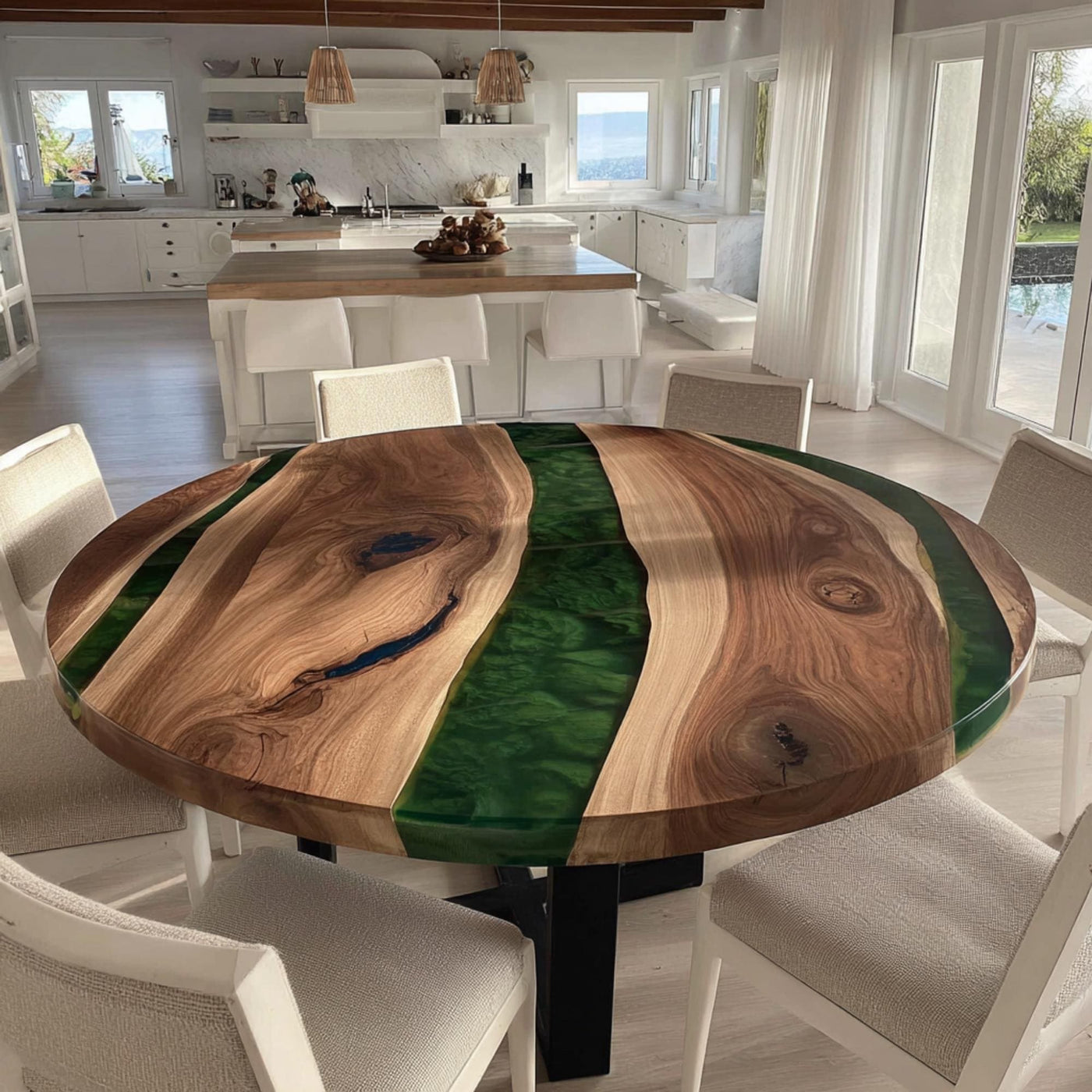 Handmade Walnut Wood Round Dining Table, Epoxy Resin River Table