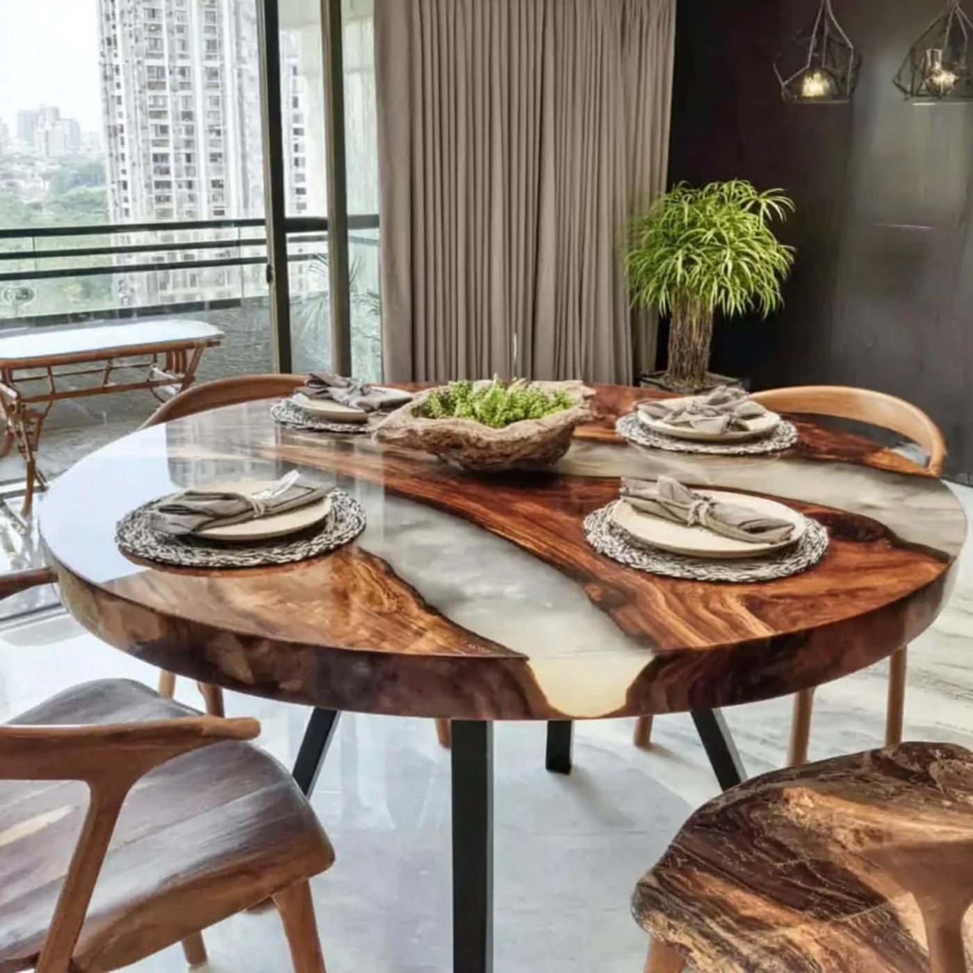 Handmade Walnut Epoxy Round Dining Table, Custom Wood River Table