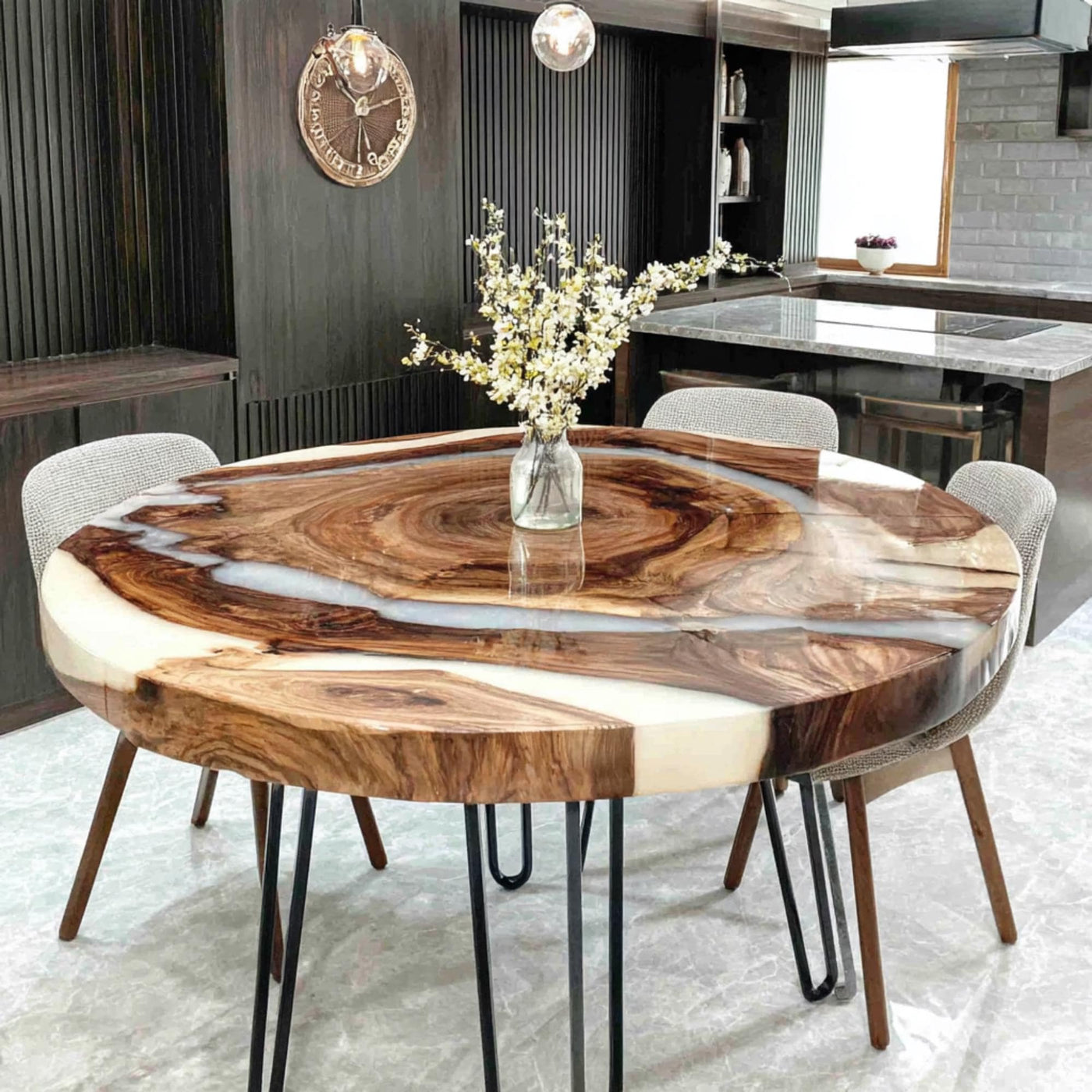 Handmade Walnut Epoxy Round Dining Table, Custom Wood River Table