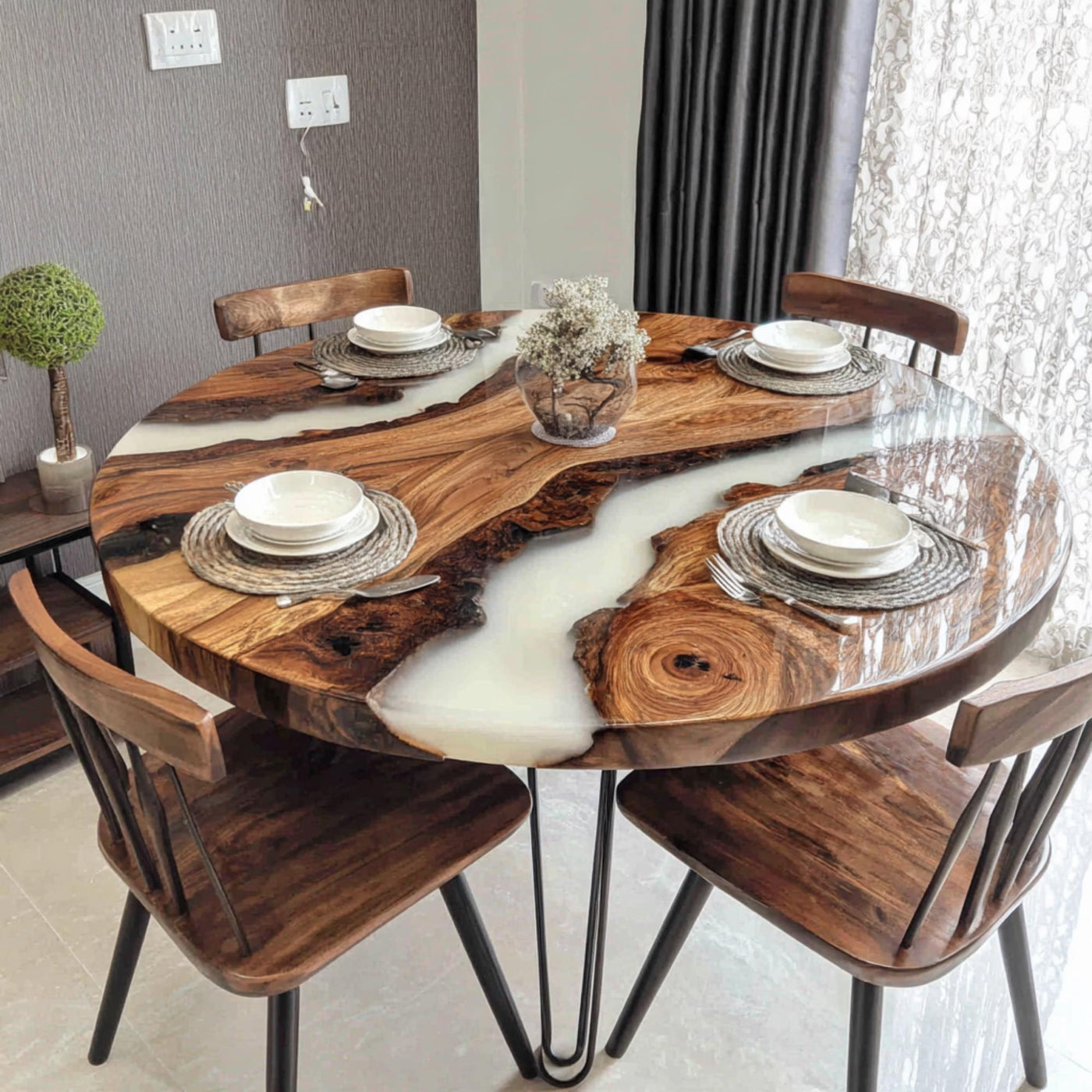 Handmade Walnut Epoxy Round Dining Table, Custom Wood River Table