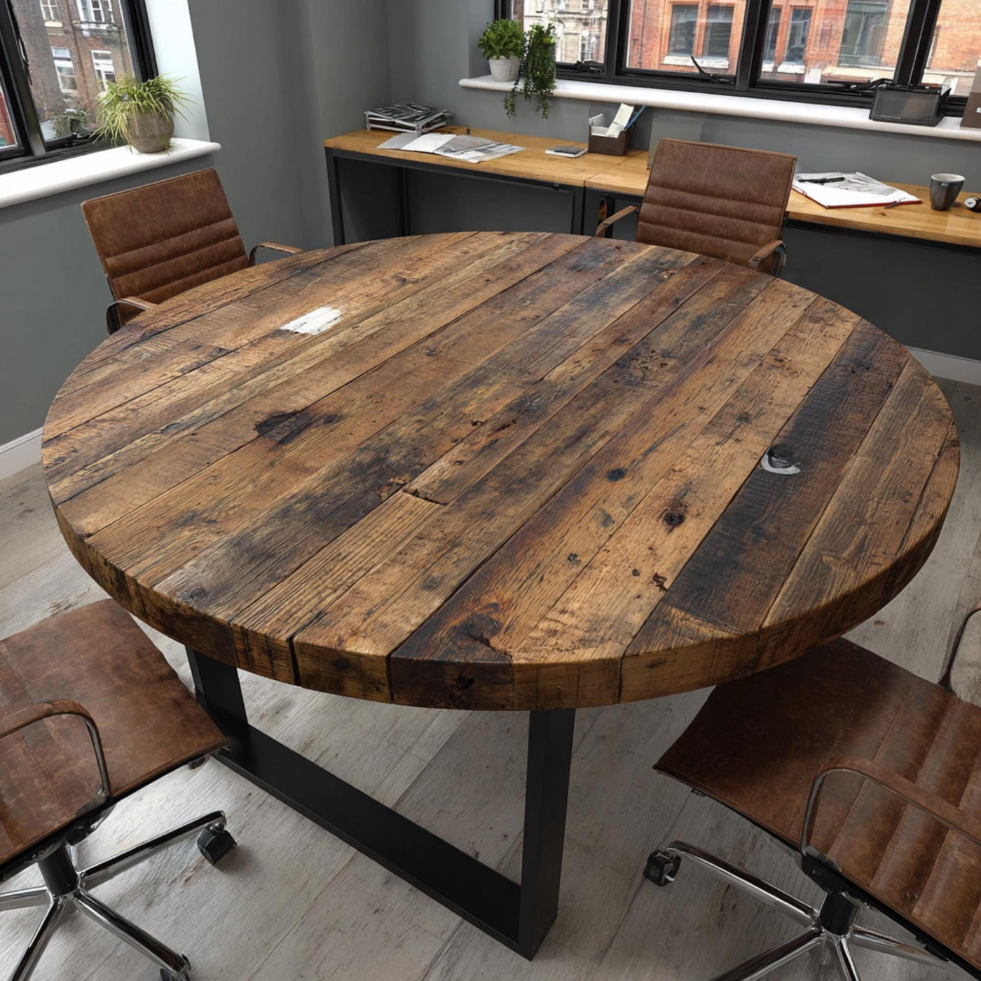 Handmade Walnut Round Dining Table, Rustic Solid Wood with Metal Legs