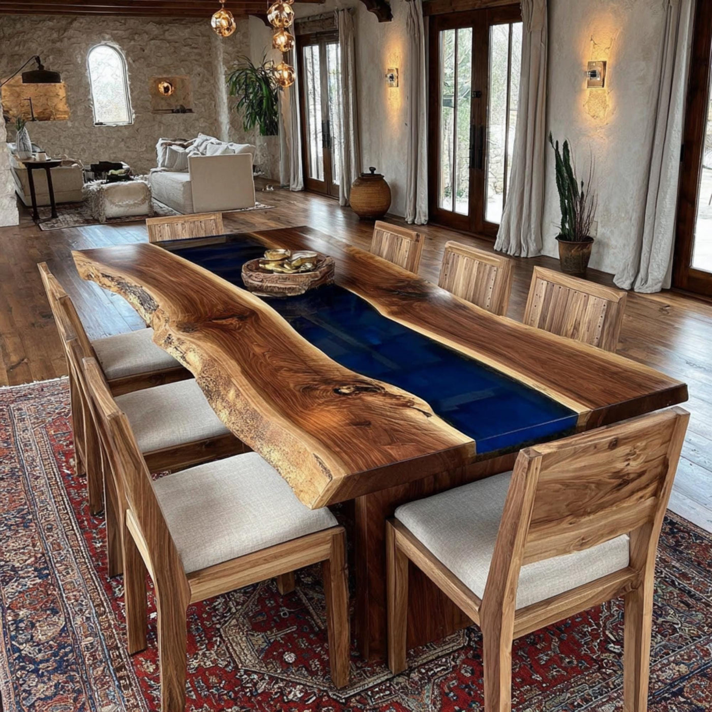 Handmade Walnut Epoxy Resin Dining Table, Live Edge Rustic Wood
