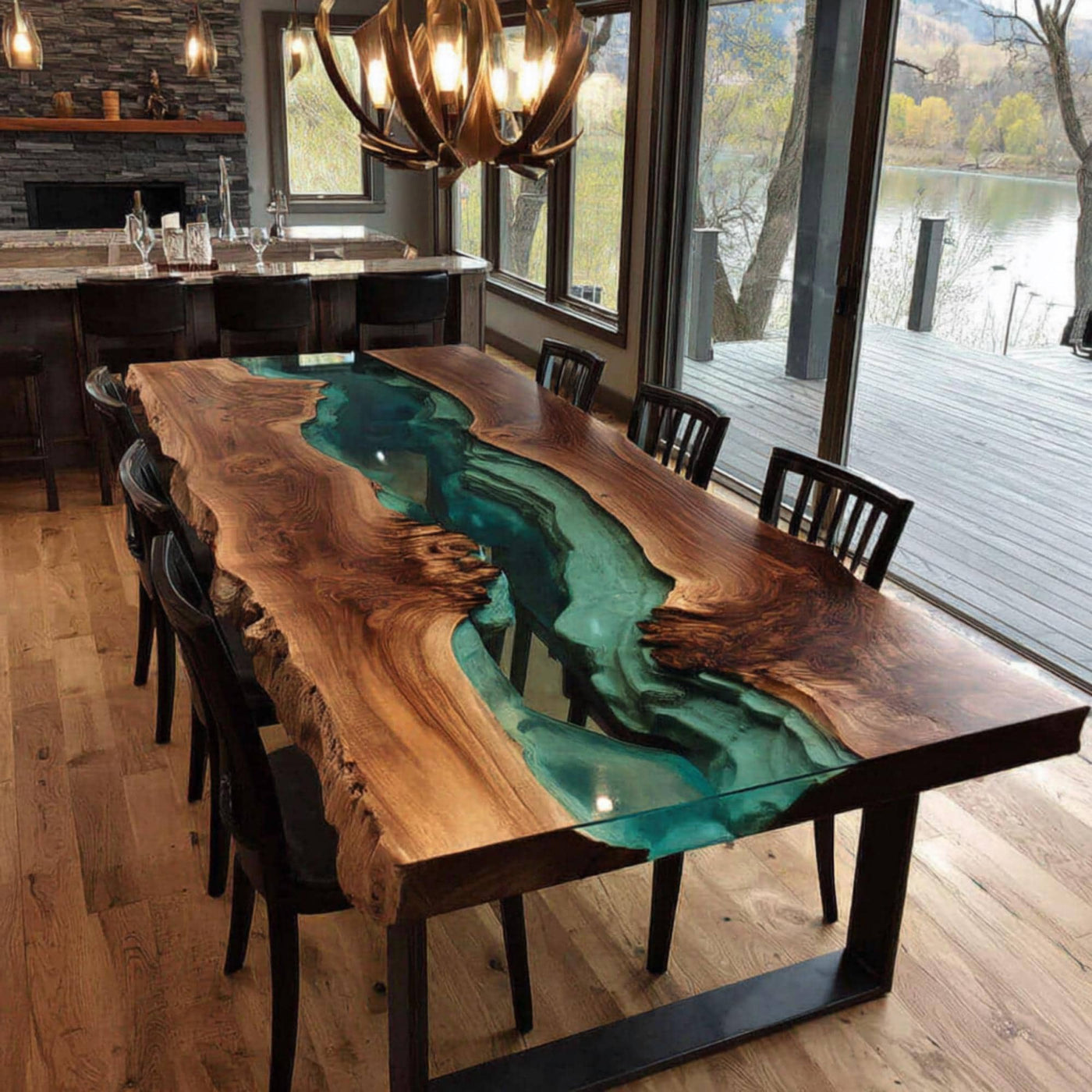 Handcrafted Live Edge Walnut Epoxy Dining Table, Custom Metal Legs
