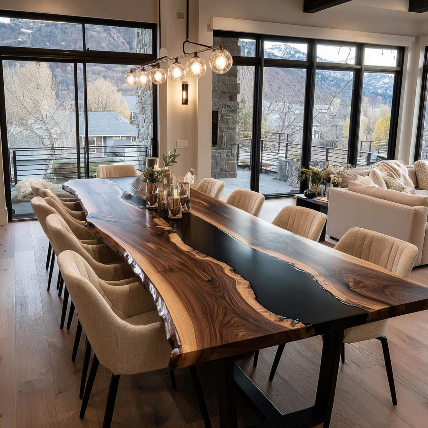 Handcrafted Walnut Live Edge Epoxy Dining Table, Custom Metal Legs