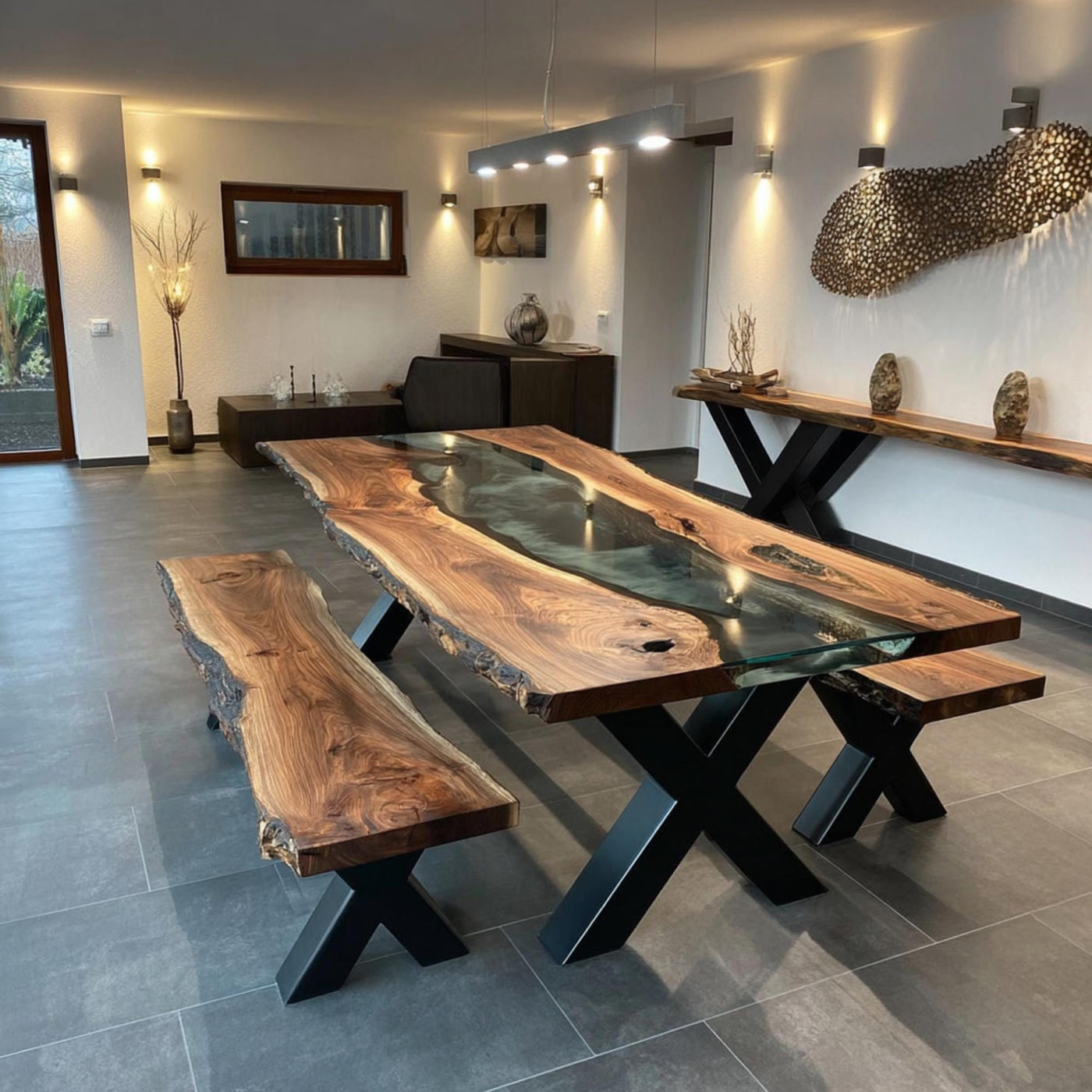 Handmade Live Edge Walnut Dining Table, Epoxy River Table
