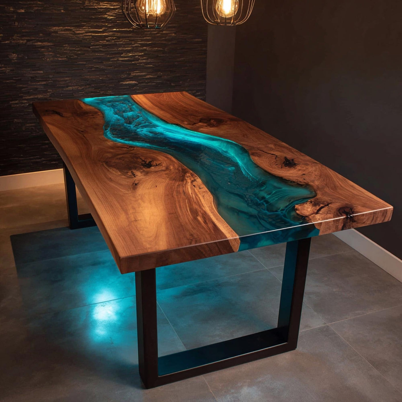 Handmade Walnut Epoxy River Dining Table, Live Edge