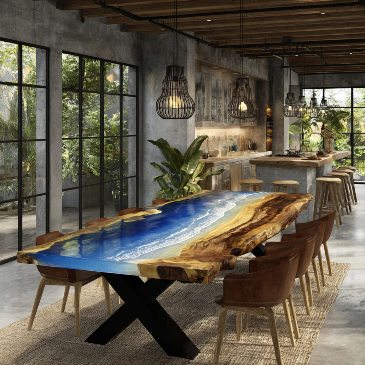 Handmade Live Edge Walnut Epoxy Dining Table, Custom Resin River Table