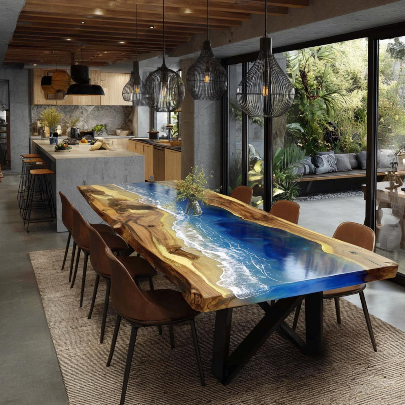Handmade Live Edge Walnut Epoxy Dining Table, Custom Resin River Table