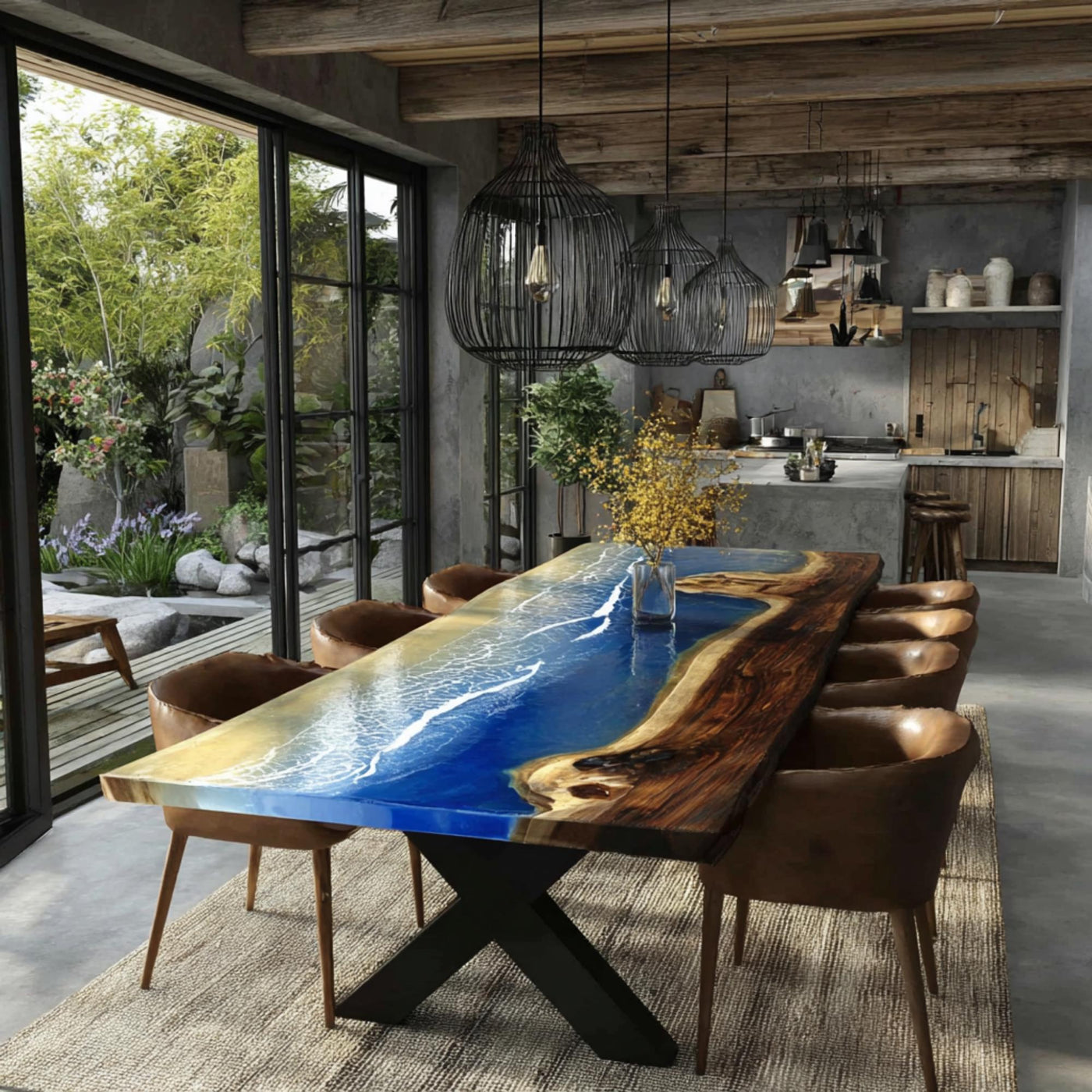 Handmade Live Edge Walnut Epoxy Dining Table, Custom Resin River Table