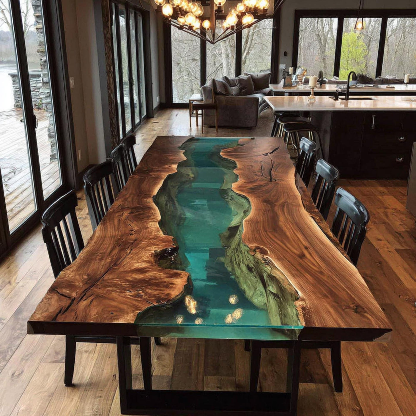 Handcrafted Live Edge Walnut Epoxy Dining Table, Custom Metal Legs