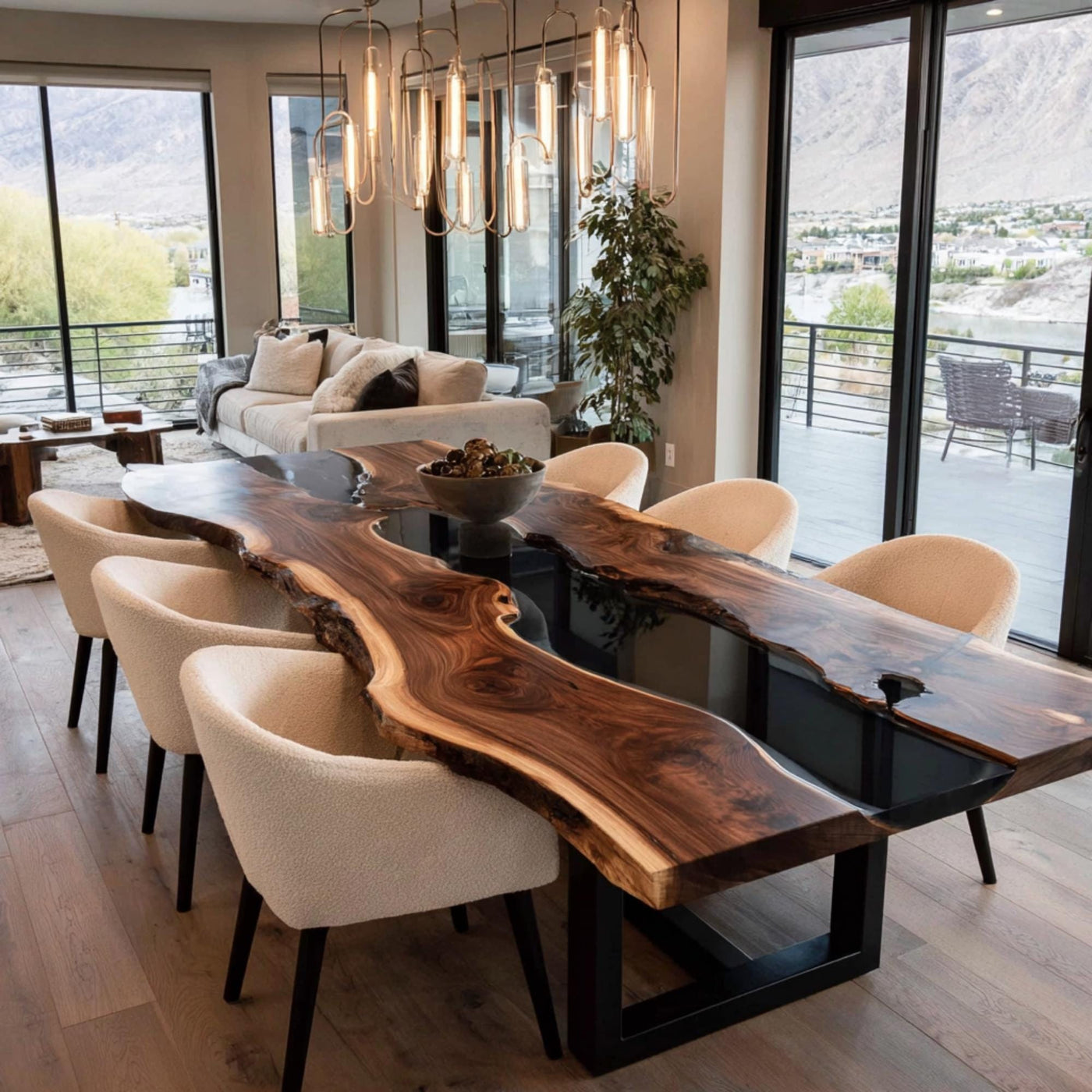 Handcrafted Walnut Live Edge Epoxy Dining Table, Custom Metal Legs
