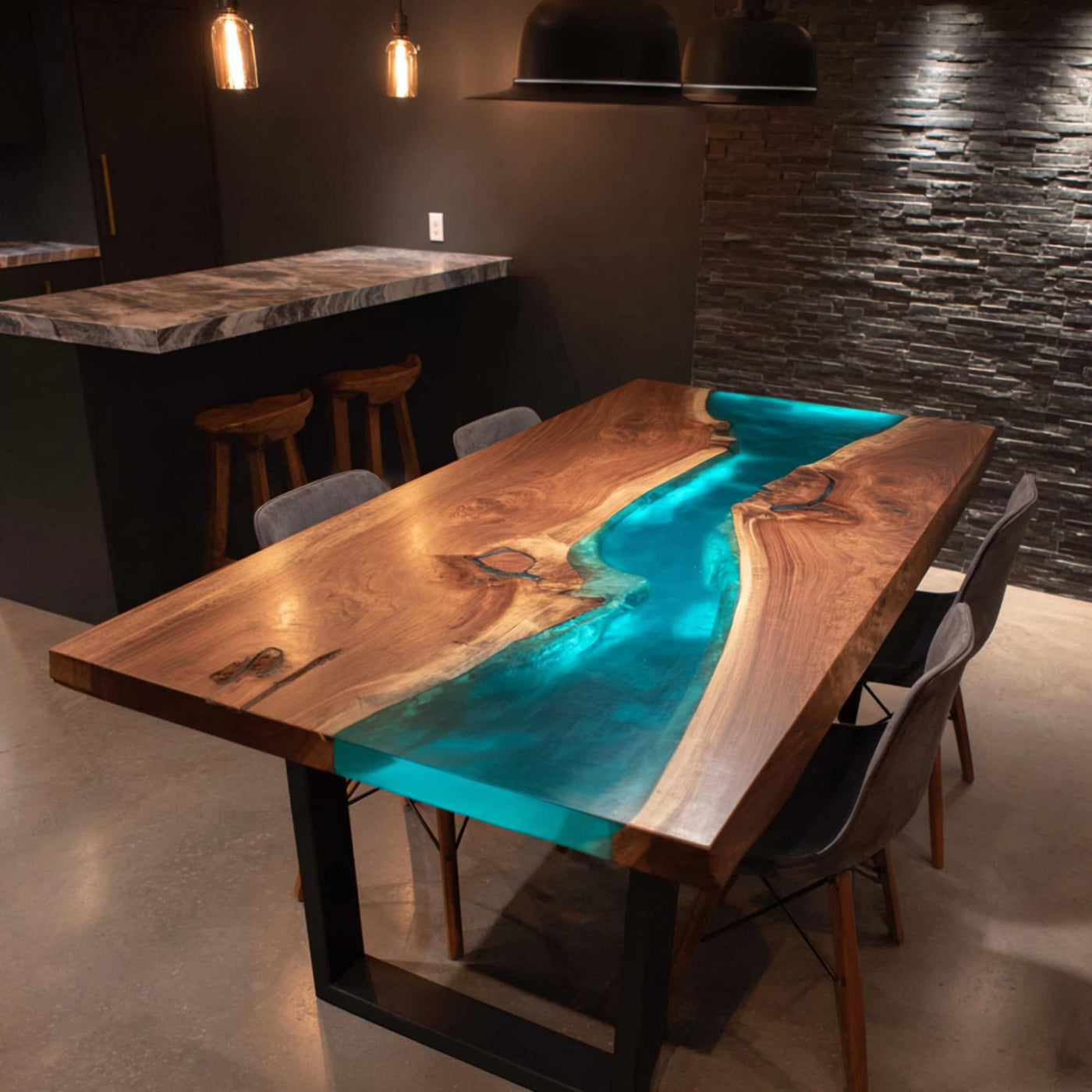 Handmade Walnut Epoxy River Dining Table, Live Edge