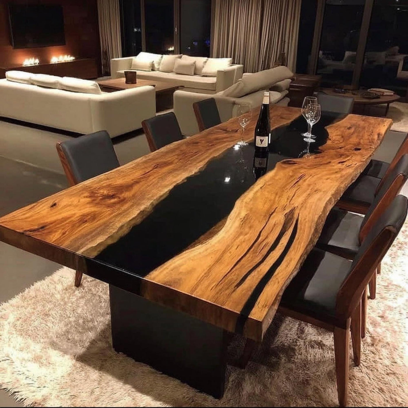 Handmade Live Edge Wood & Black Epoxy Dining Table, Custom Rustic Table