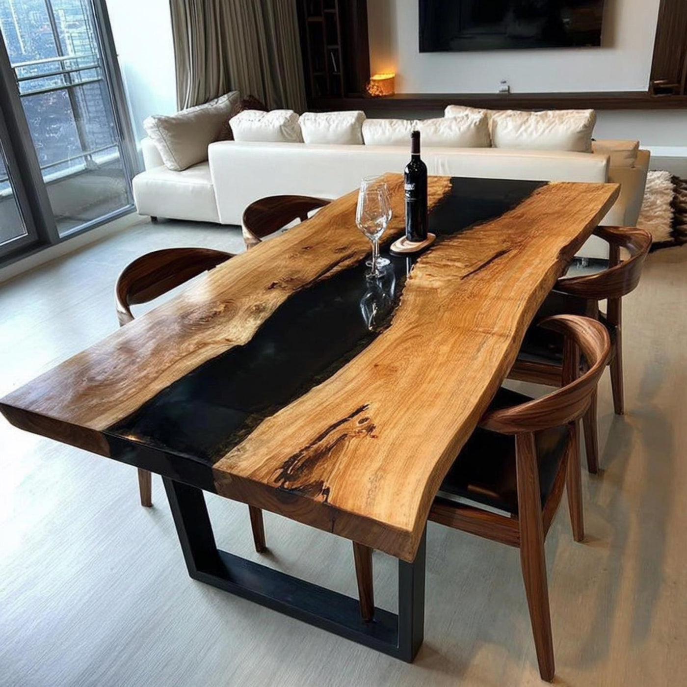 Handmade Live Edge Wood & Black Epoxy Dining Table, Custom Rustic Table