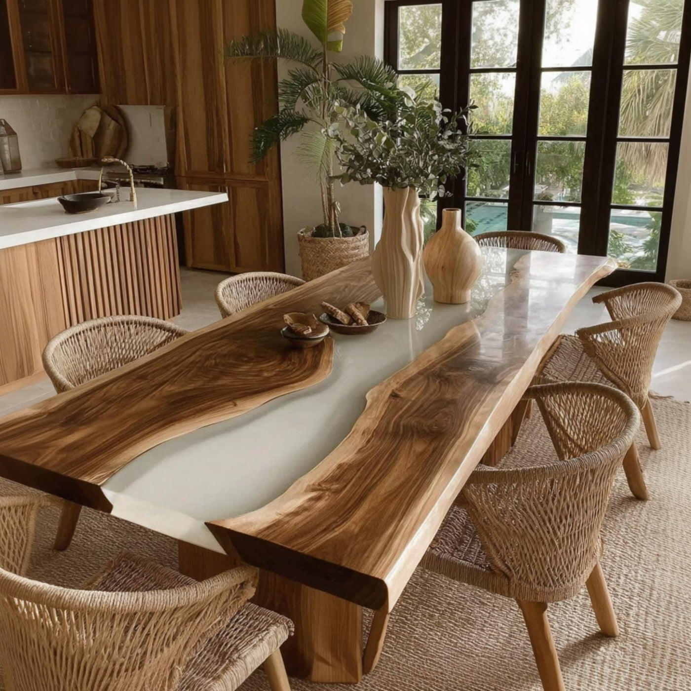 Handmade Live Edge Walnut Epoxy Dining Table, Custom Metal Legs