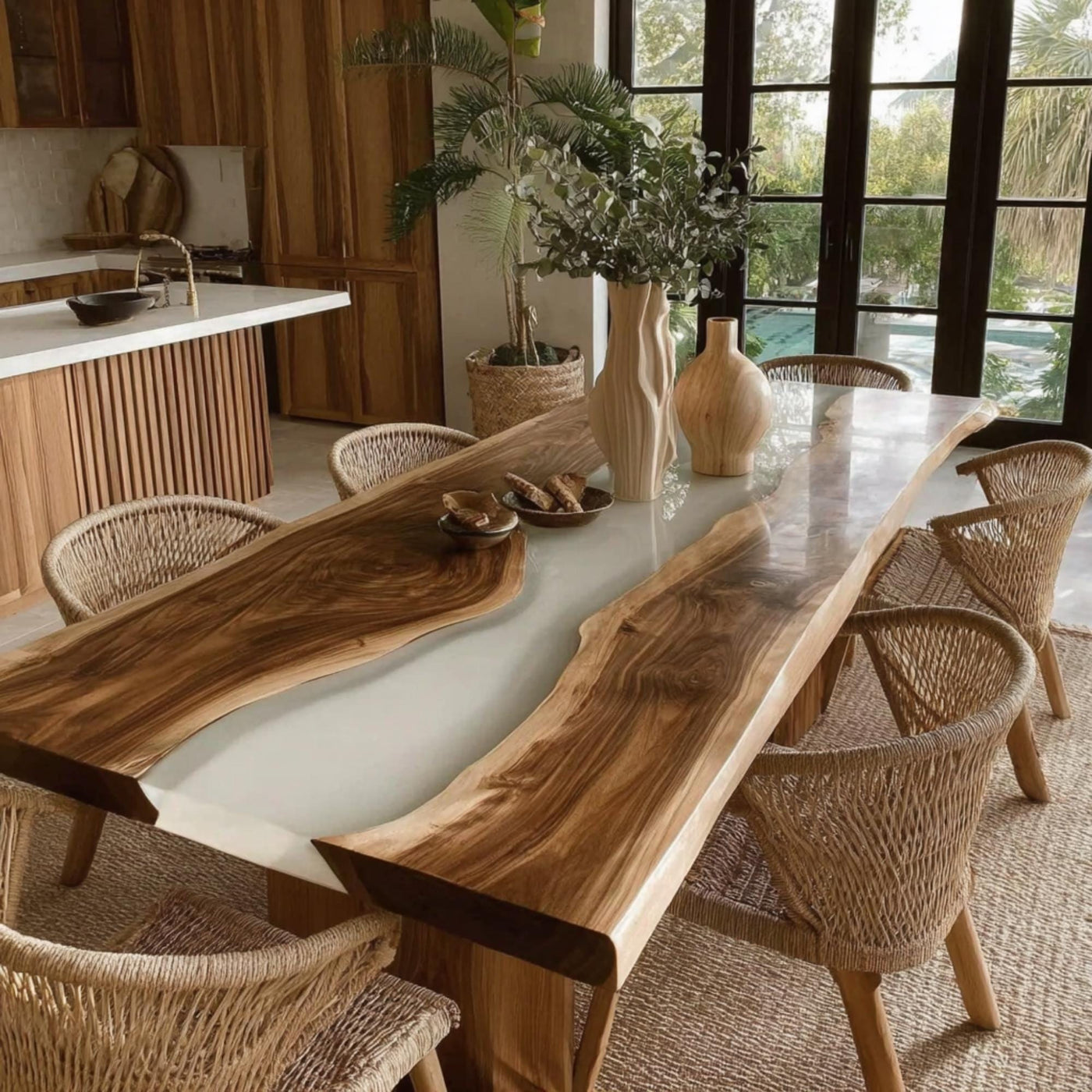 Handmade Live Edge Walnut Epoxy Dining Table, Custom Metal Legs