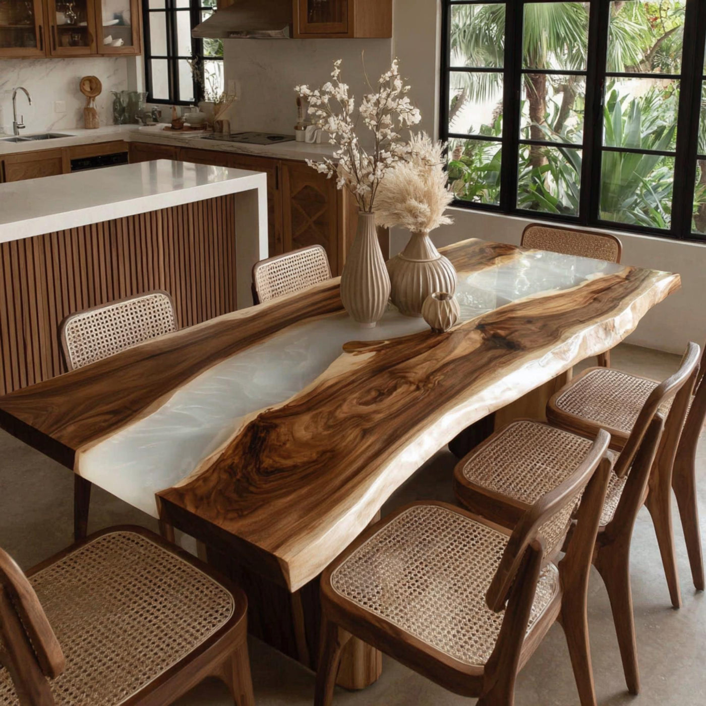 Handmade Live Edge Walnut Epoxy Dining Table, Custom Metal Legs