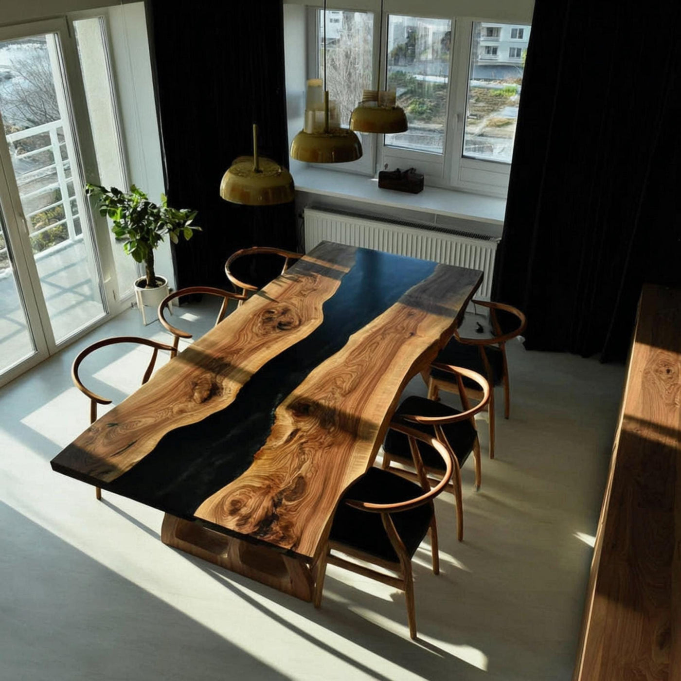 Handmade Live Edge Walnut Epoxy Dining Table, Custom Wood River Table