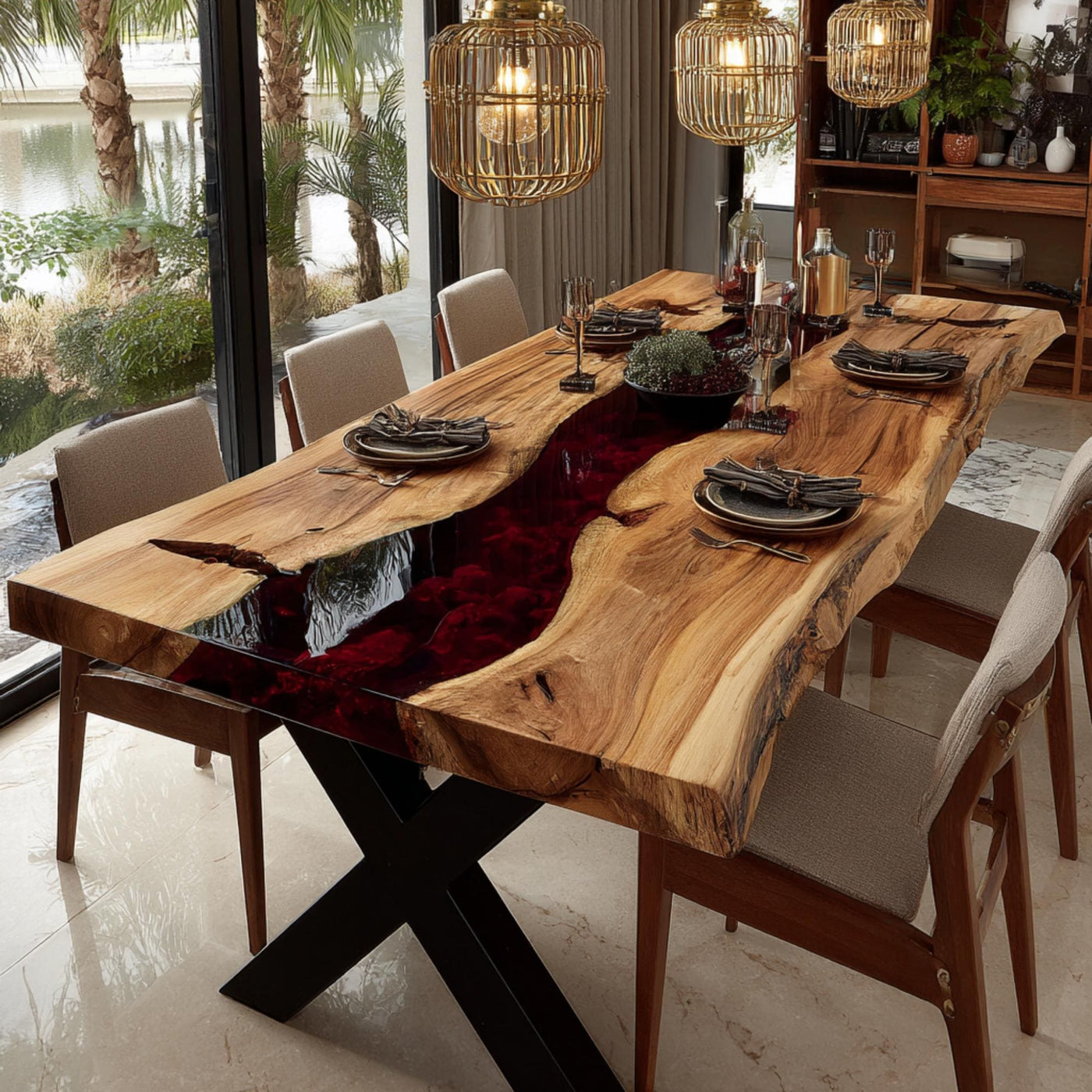Handmade Live Edge Walnut Epoxy Dining Table, Custom River Table