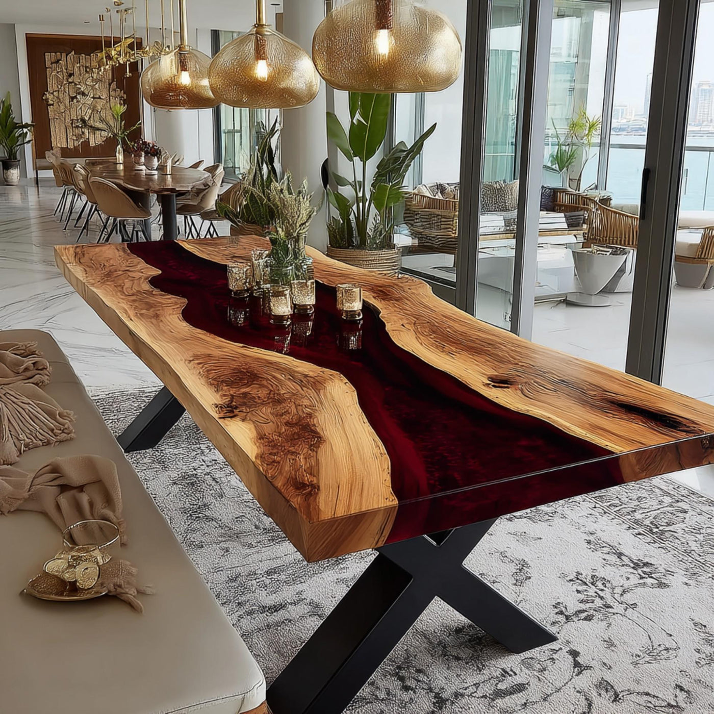 Handmade Live Edge Walnut Epoxy Dining Table, Custom River Table