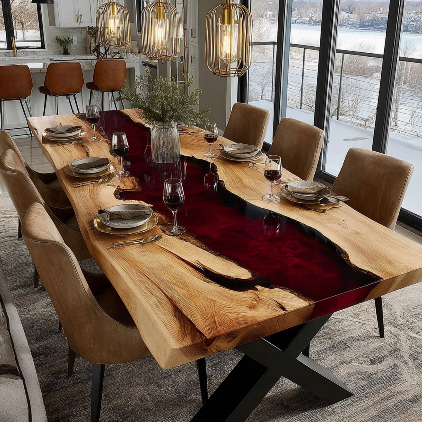 Handmade Live Edge Walnut Epoxy Dining Table, Custom River Table