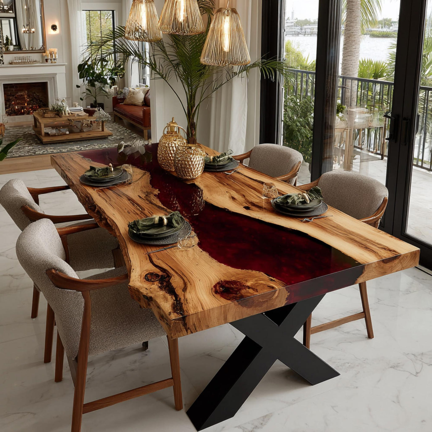 Handmade Live Edge Walnut Epoxy Dining Table, Custom River Table