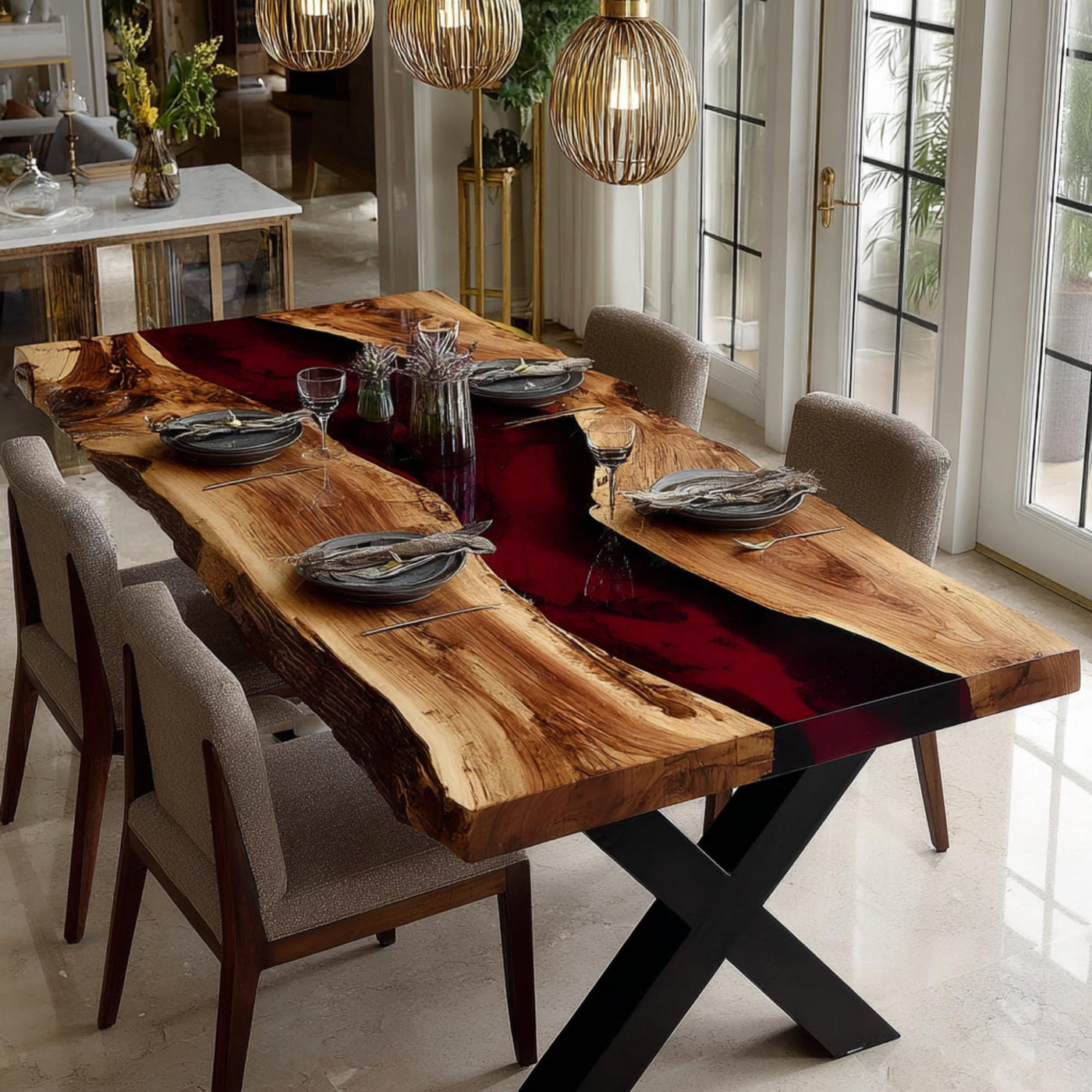 Handmade Live Edge Walnut Epoxy Dining Table, Custom River Table