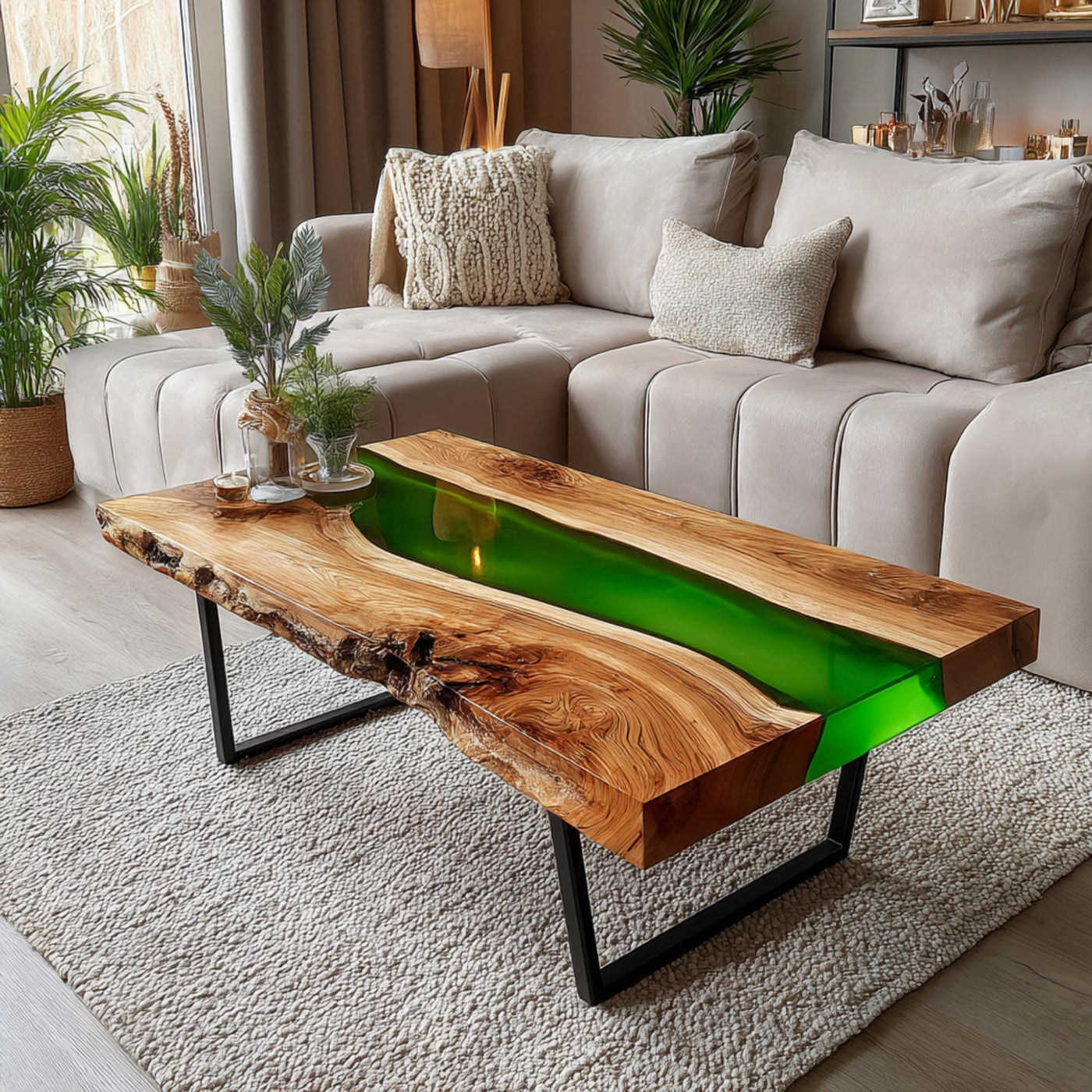 Handmade Walnut Epoxy Coffee Table, Live Edge Wood, Modern Metal Legs