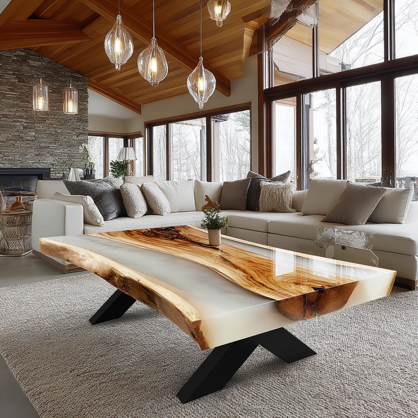 Handmade Walnut Epoxy Coffee Table, Live Edge Rustic Wood