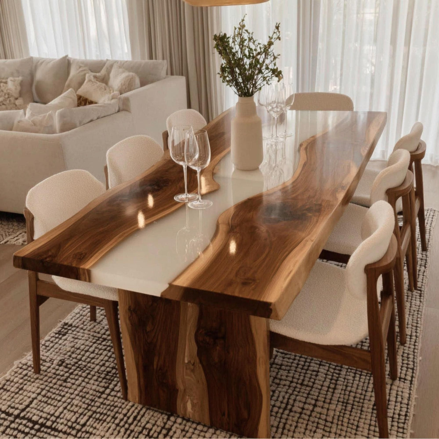 Custom Live Edge Walnut Epoxy Dining Table, Modern Rustic