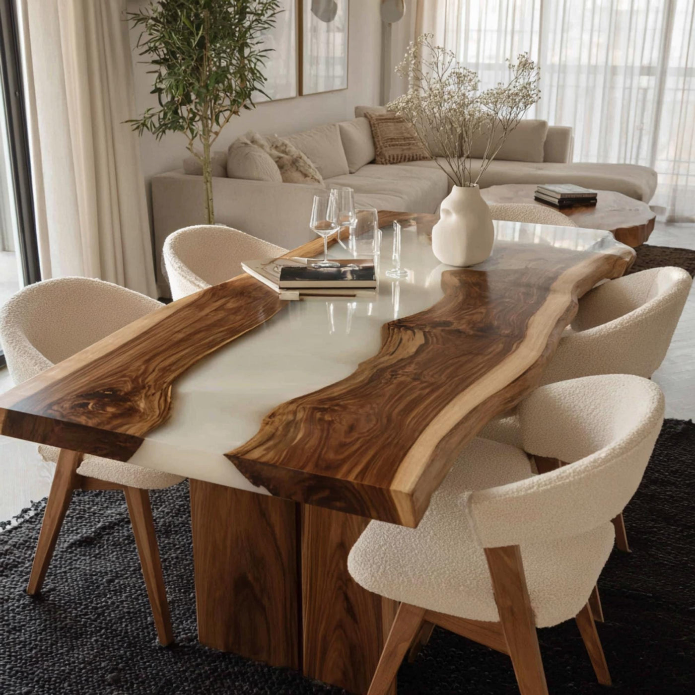 Custom Live Edge Walnut Epoxy Dining Table, Modern Rustic