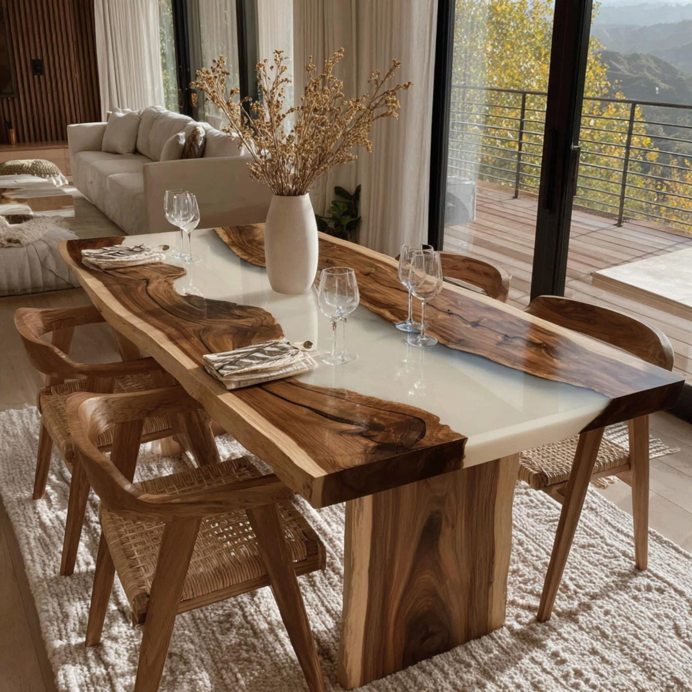 Custom Live Edge Walnut Epoxy Dining Table, Modern Rustic
