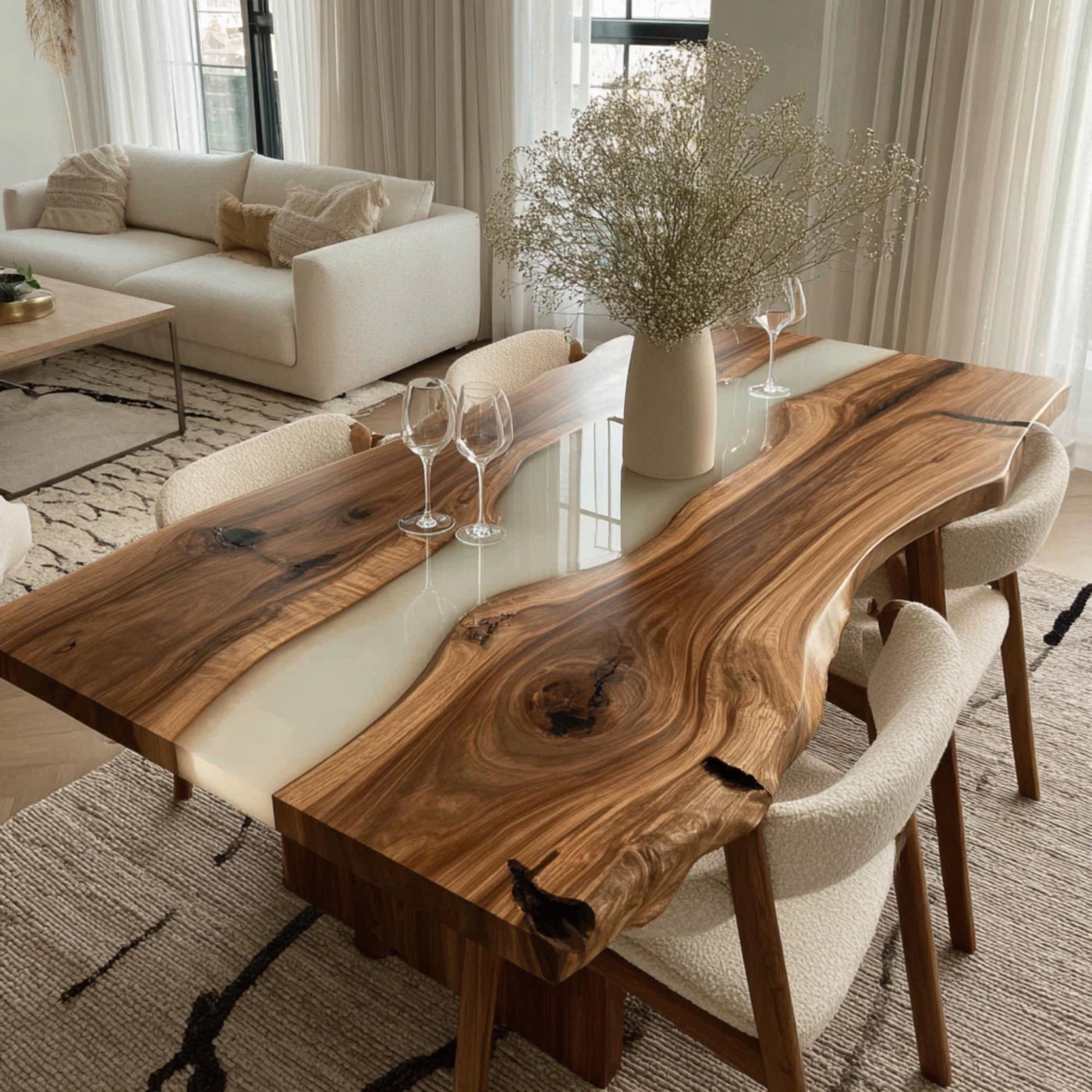 Custom Live Edge Walnut Epoxy Dining Table, Modern Rustic