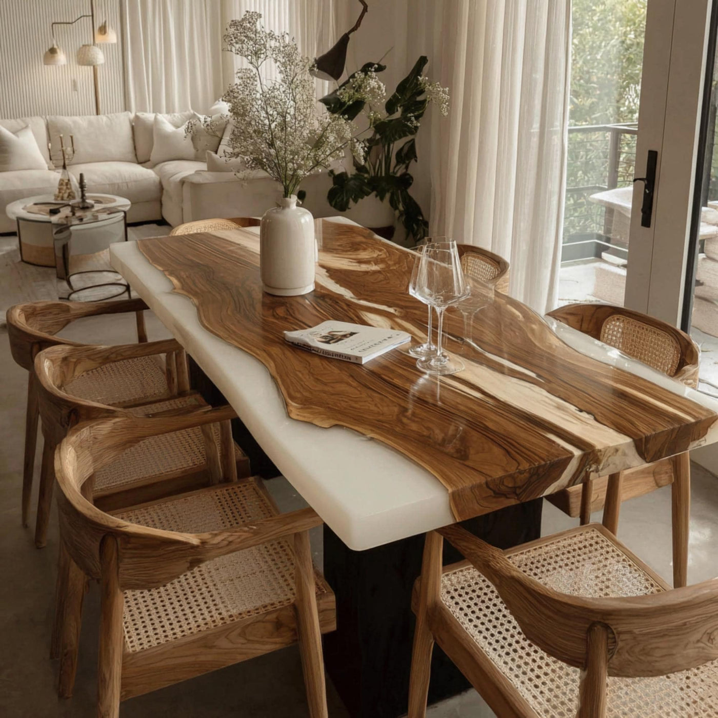 Custom Live Edge Walnut Epoxy Dining Table, Modern Rustic